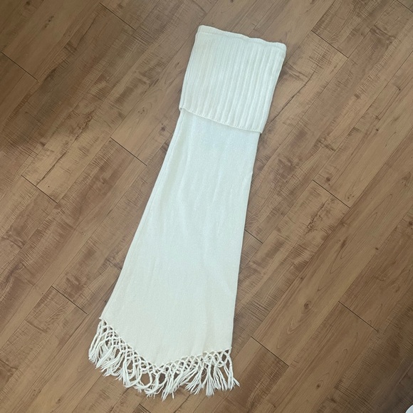 Cream Sweater Knit Long Strapless Dress with Fringe - Picture 1 of 7